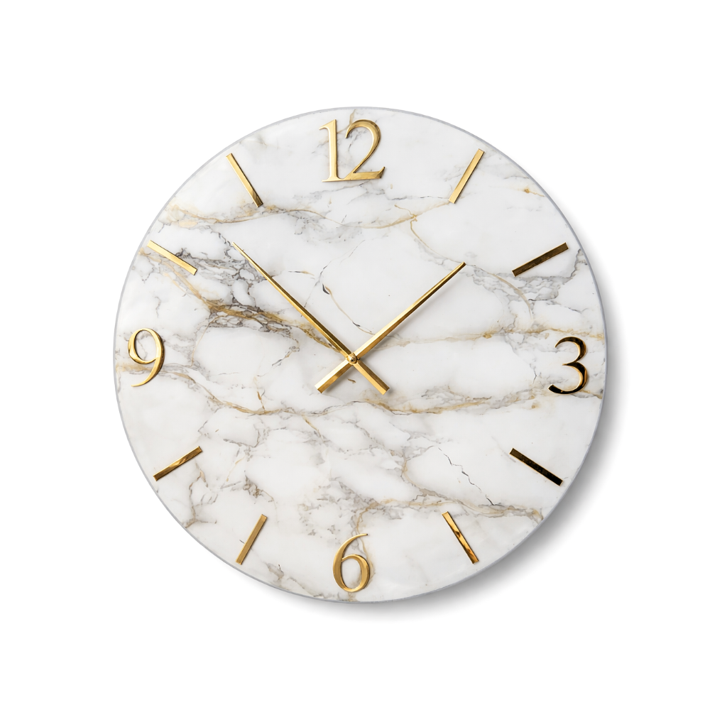 Orologio da parete Made in Italy in resina, texture marmo bianco e oro per decorazione pareti di uffici e salotti prestigiosi.