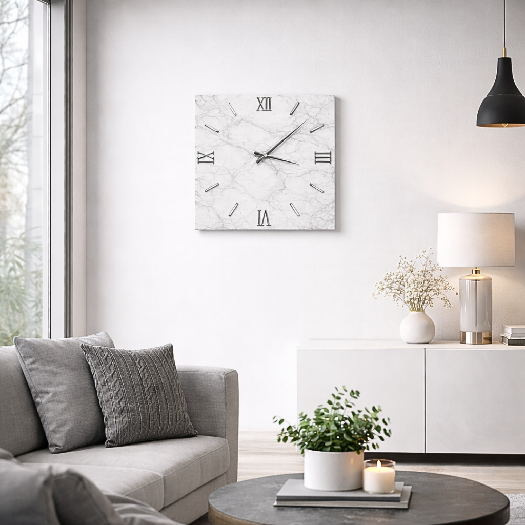 Orologio decorativo da parete Luna in resina artigianale effetto marmo bianco per arredamento moderno