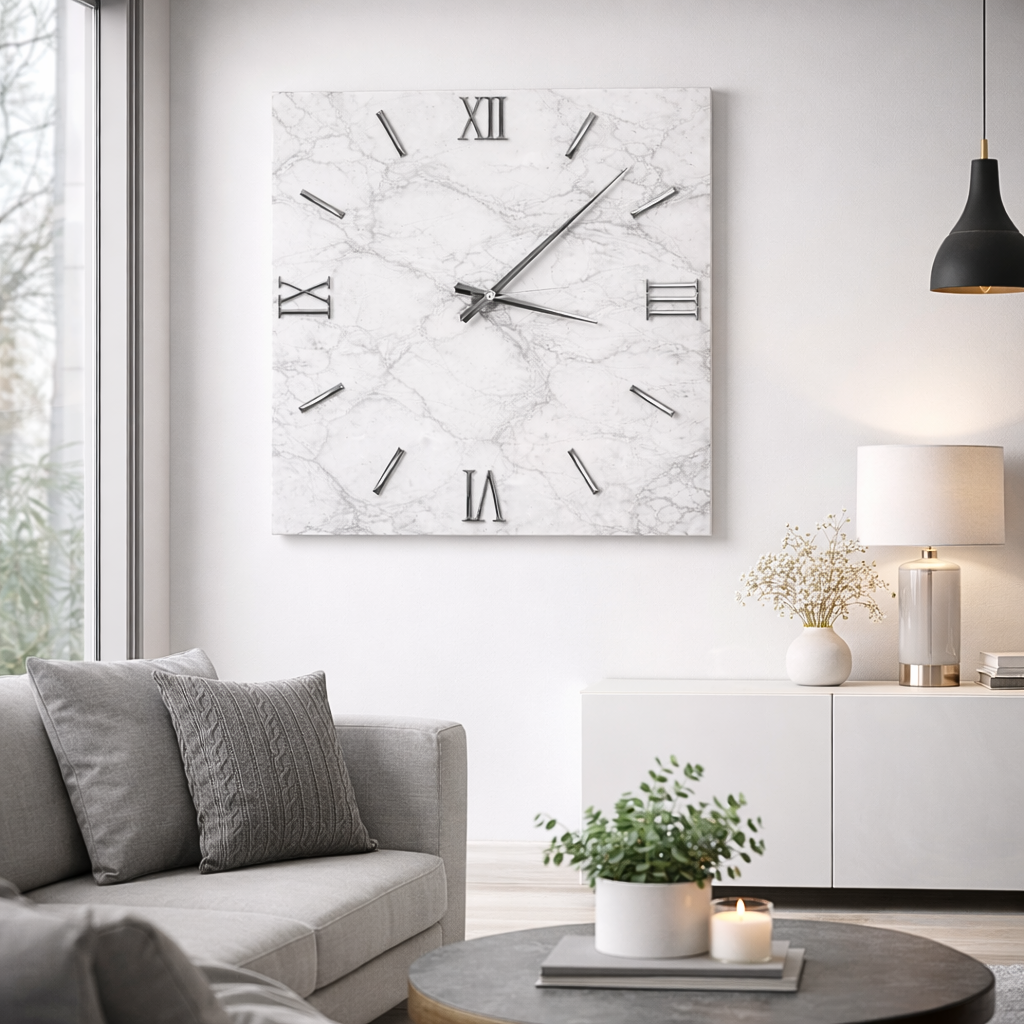 Orologio da parete Luna quadrato in resina artigianale effetto marmo, design elegante e moderno