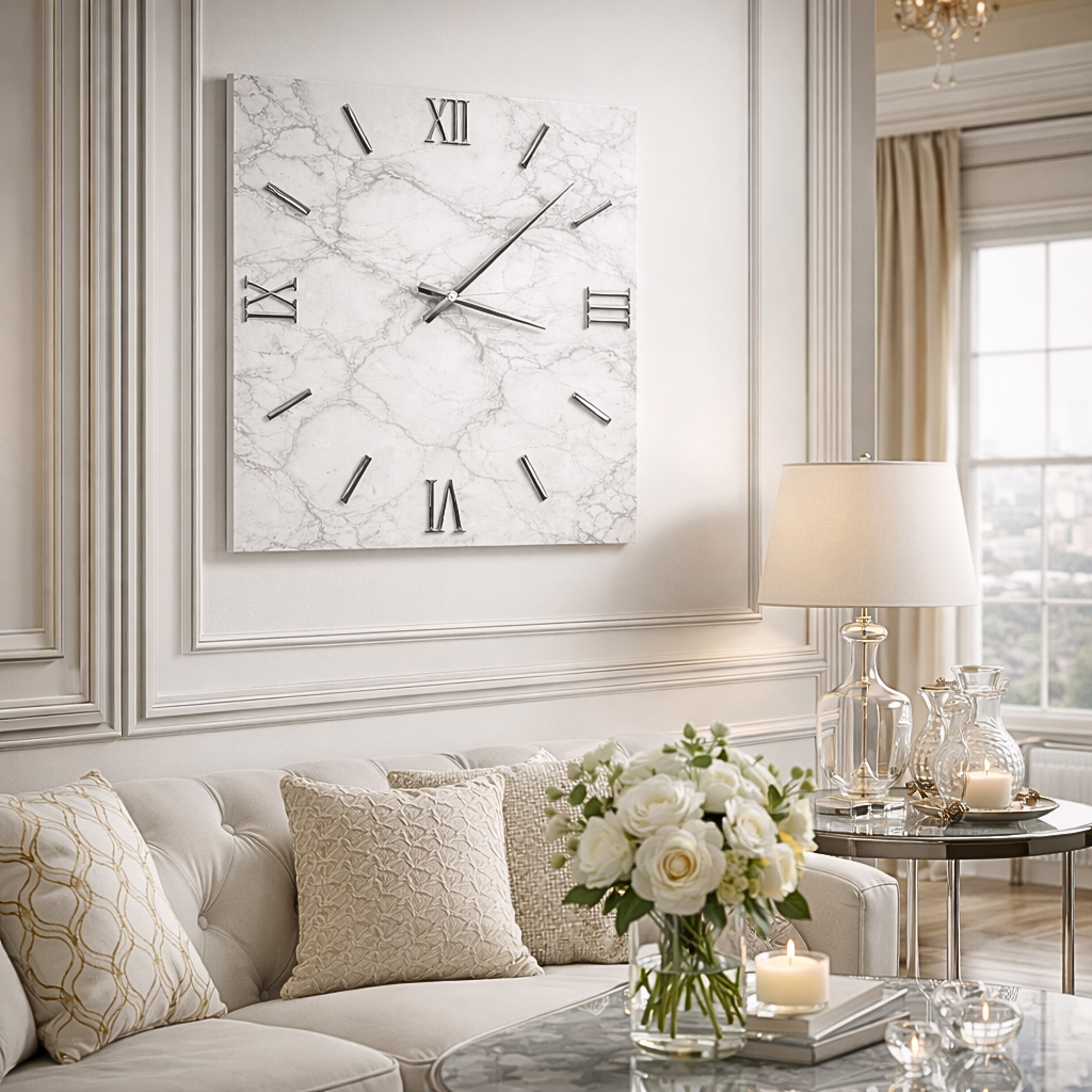 Dettaglio orologio Luna in resina artigianale con finitura effetto marmo, lancette argentate e numeri romani