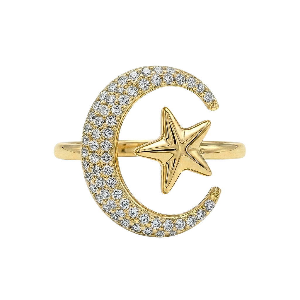 Anello Moonchild 🌙✨ | Luna e Stella Pavé | Acciaio Inox Placcato Oro 18k Regolabile