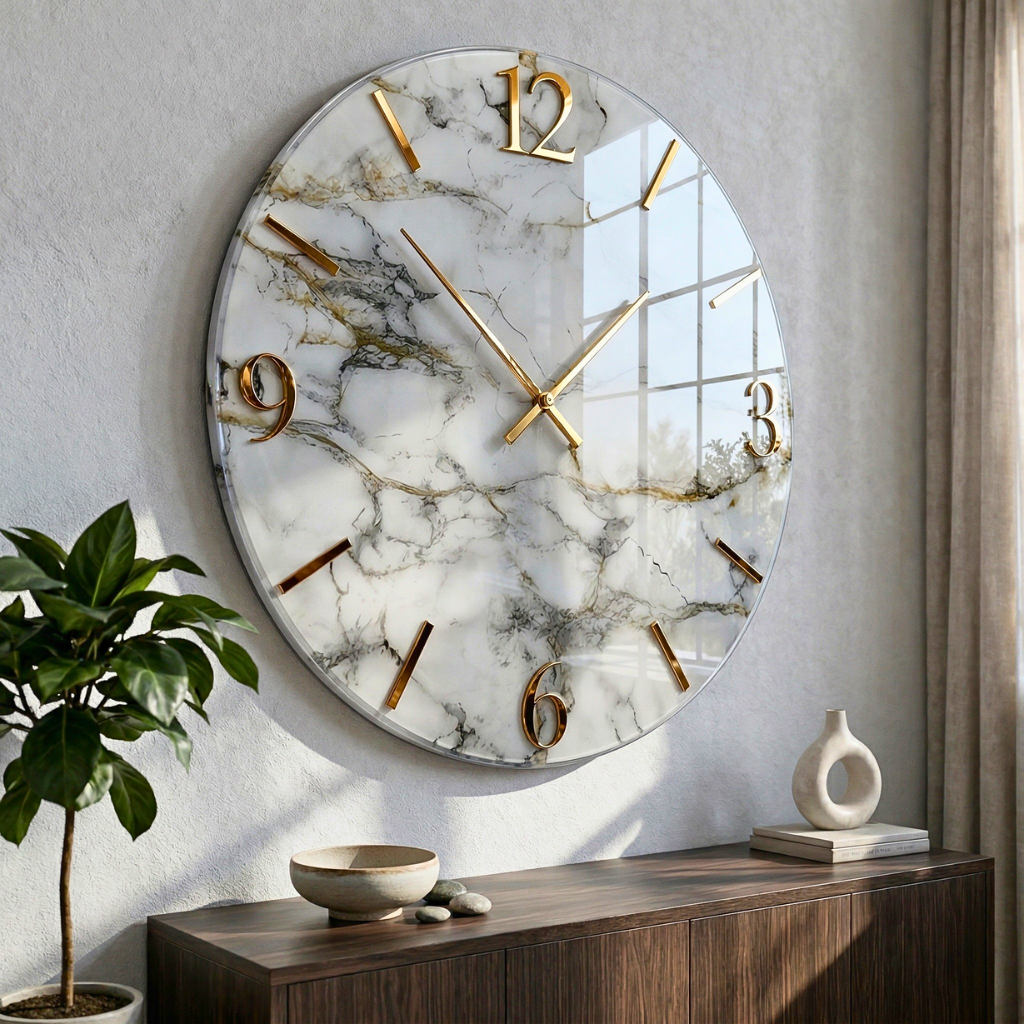 Orologio da parete artigianale in resina Radica modello Classic, effetto marmo bianco con venature grigie e numeri dorati per ambienti di lusso.