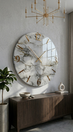 Grande orologio da parete di lusso per soggiorno, quadrante in resina epossidica bianca stile marmo e lancette dorate.