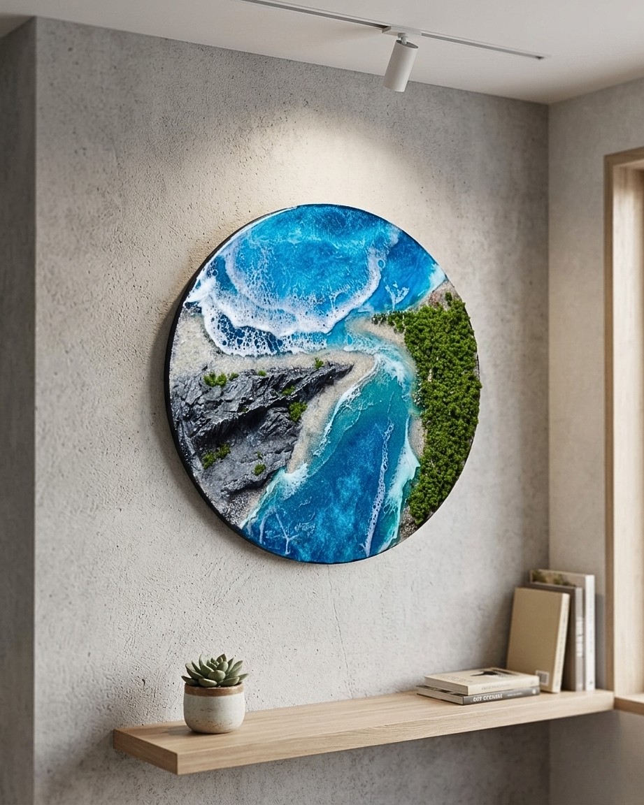 Quadro rotondo in resina a tema oceano installato su parete, riproduzione artigianale di una scogliera per interior design.