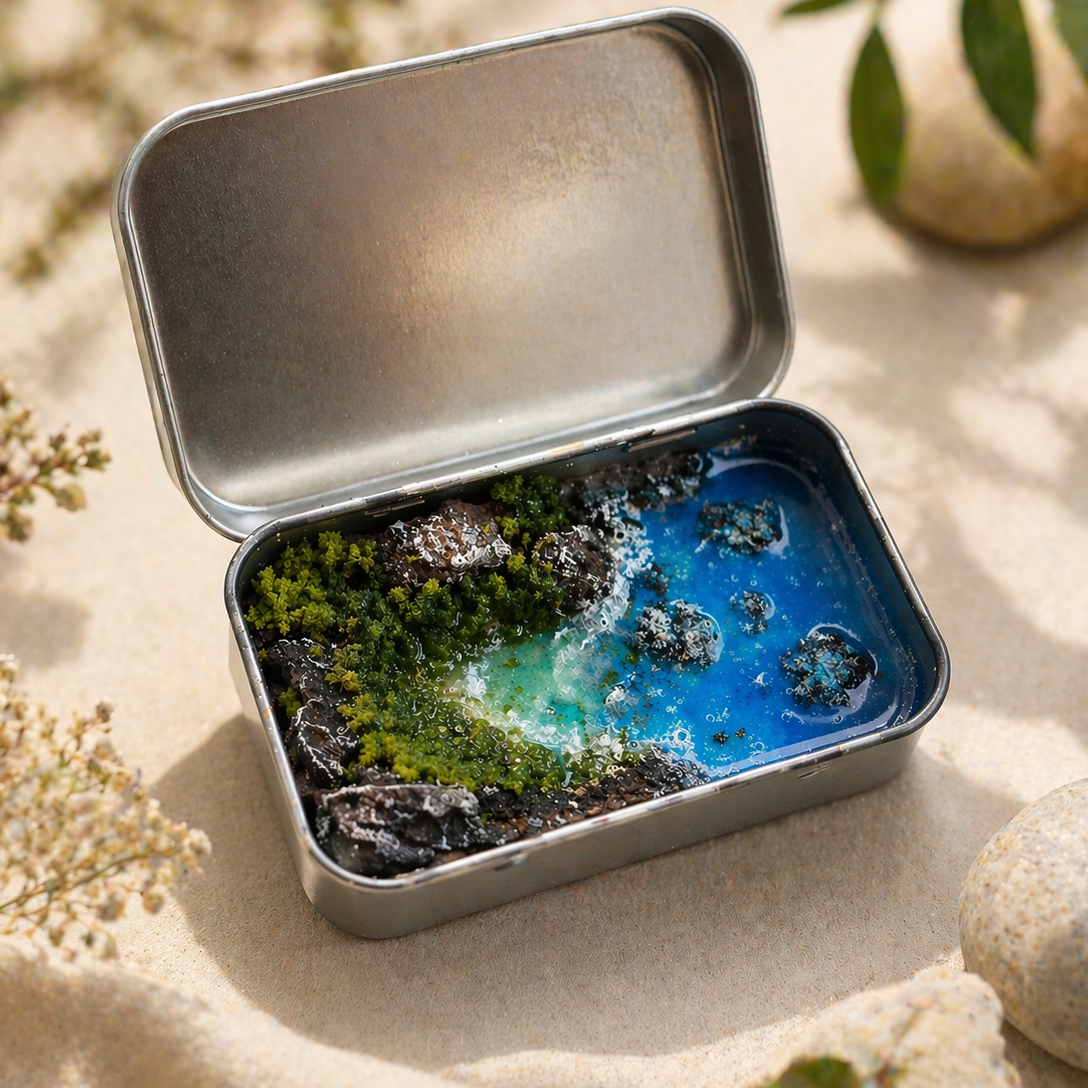 Paradise Box: scenario marino in miniatura realizzato a mano all'interno di una scatola di latta argentata.
