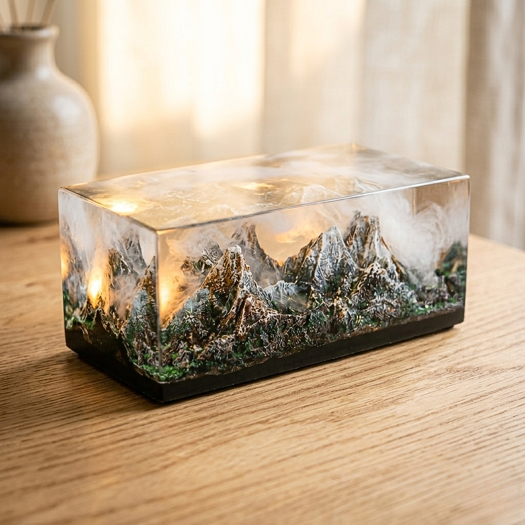 Scultura paesaggistica in resina trasparente e pigmenti con micro-dettagli di boschi e neve, illuminazione LED USB per effetto tramonto tra le vette.