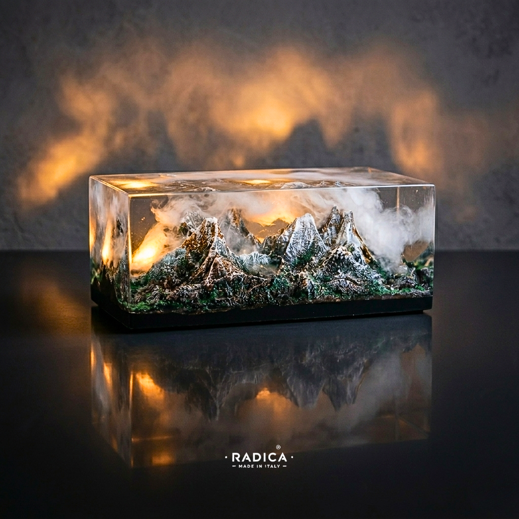 Diorama in resina epossidica con catena montuosa innevata, effetto nebbia realistico e illuminazione LED interna calda, base rettangolare nera.