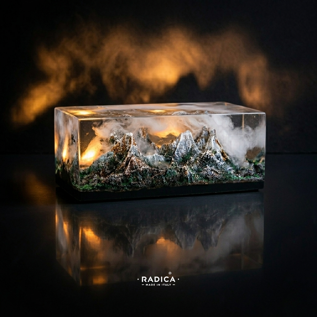 Lampada artistica artigianale in resina raffigurante montagne in miniatura con picchi innevati e nuvole soffuse, design Made in Italy per arredamento moderno.