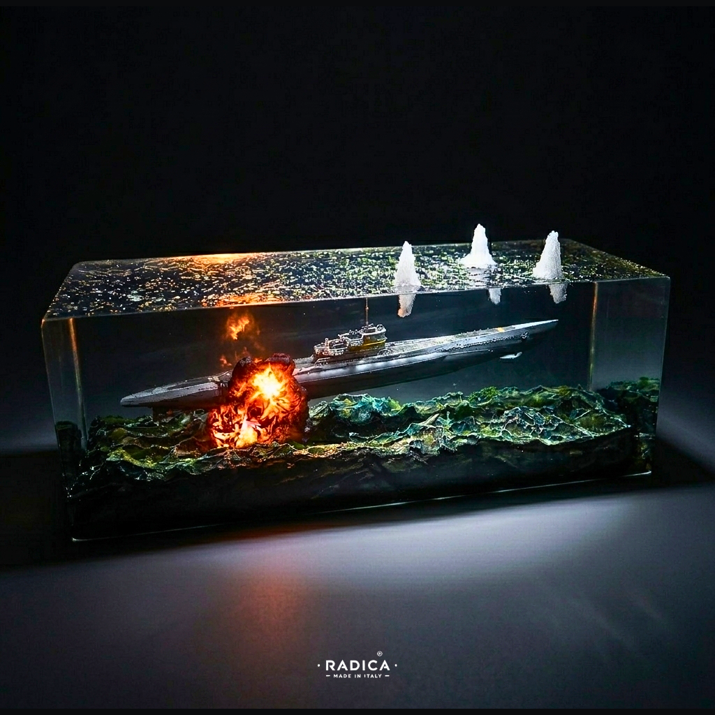 Lampada artistica a diorama in resina che cattura l'istante di un'esplosione navale sottomarina con un sottomarino tedesco Type VII C/41, ideale per l'arredo di design.