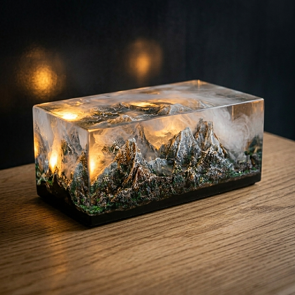 Miniatura di montagna 3D in blocco di resina con riflesso su superficie lucida, idea regalo per appassionati di natura e alpinismo.